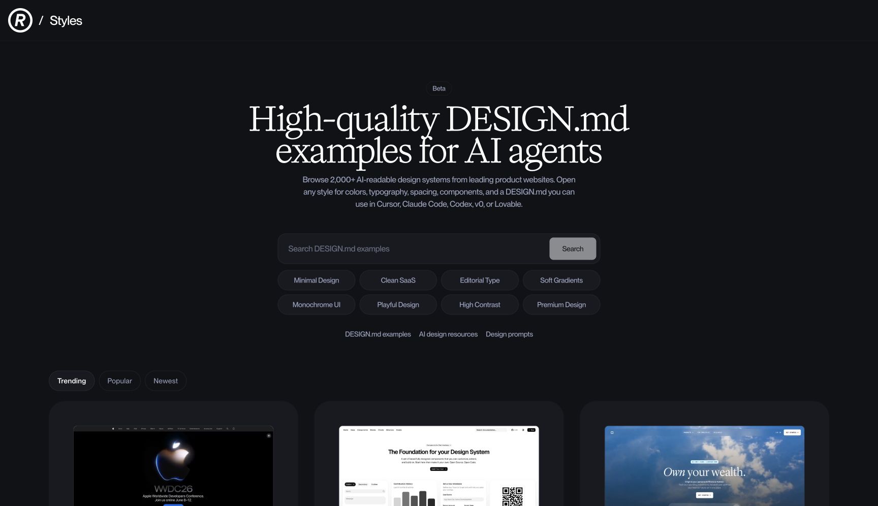 Trang chủ Refero Styles với tiêu đề High-quality DESIGN.md examples for AI agents, ô tìm kiếm và các nhóm phong cách