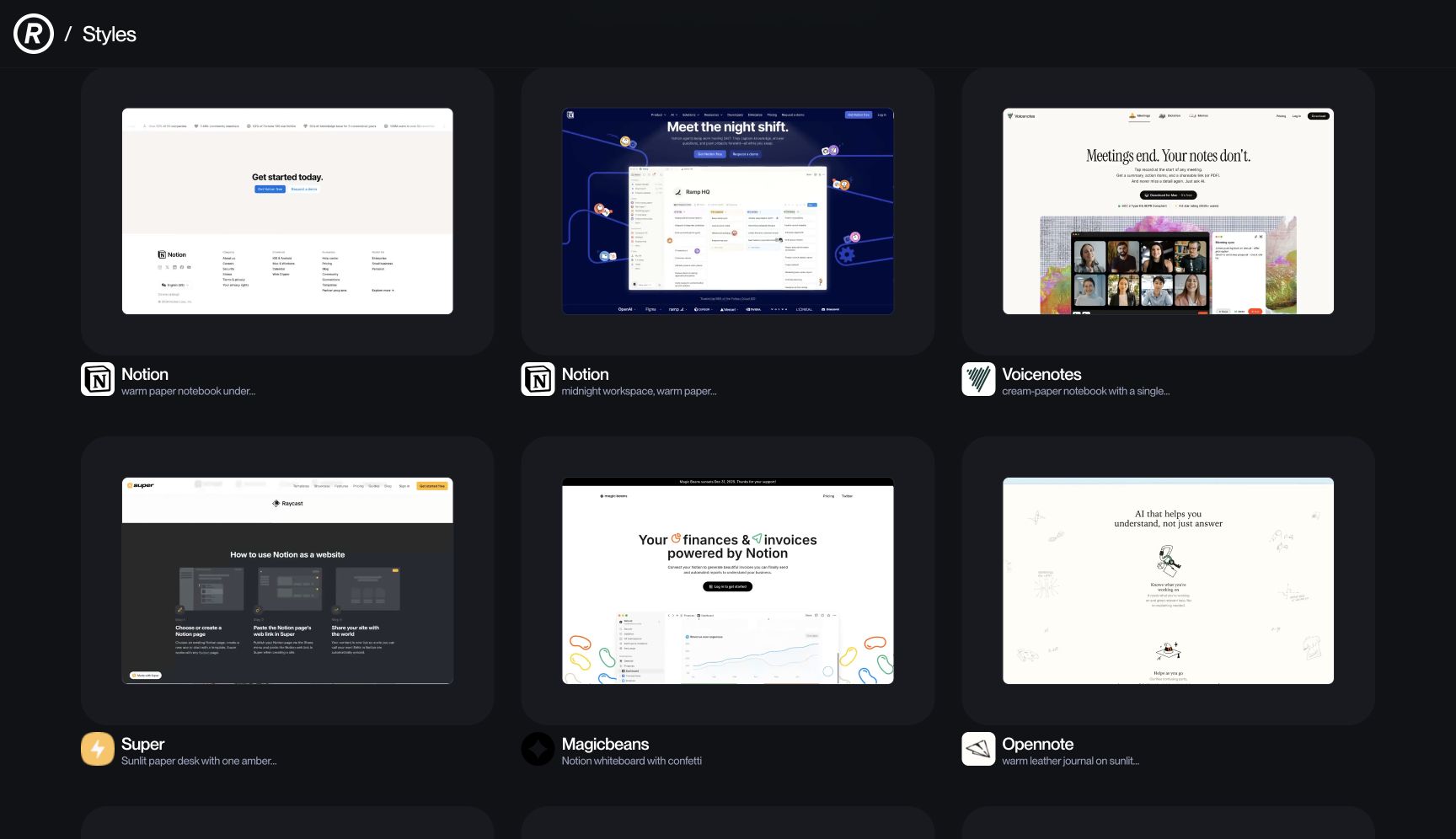 Lưới kết quả tìm kiếm Notion trên Refero Styles, gồm Notion, Voicenotes, Super, Magicbeans và Opennote