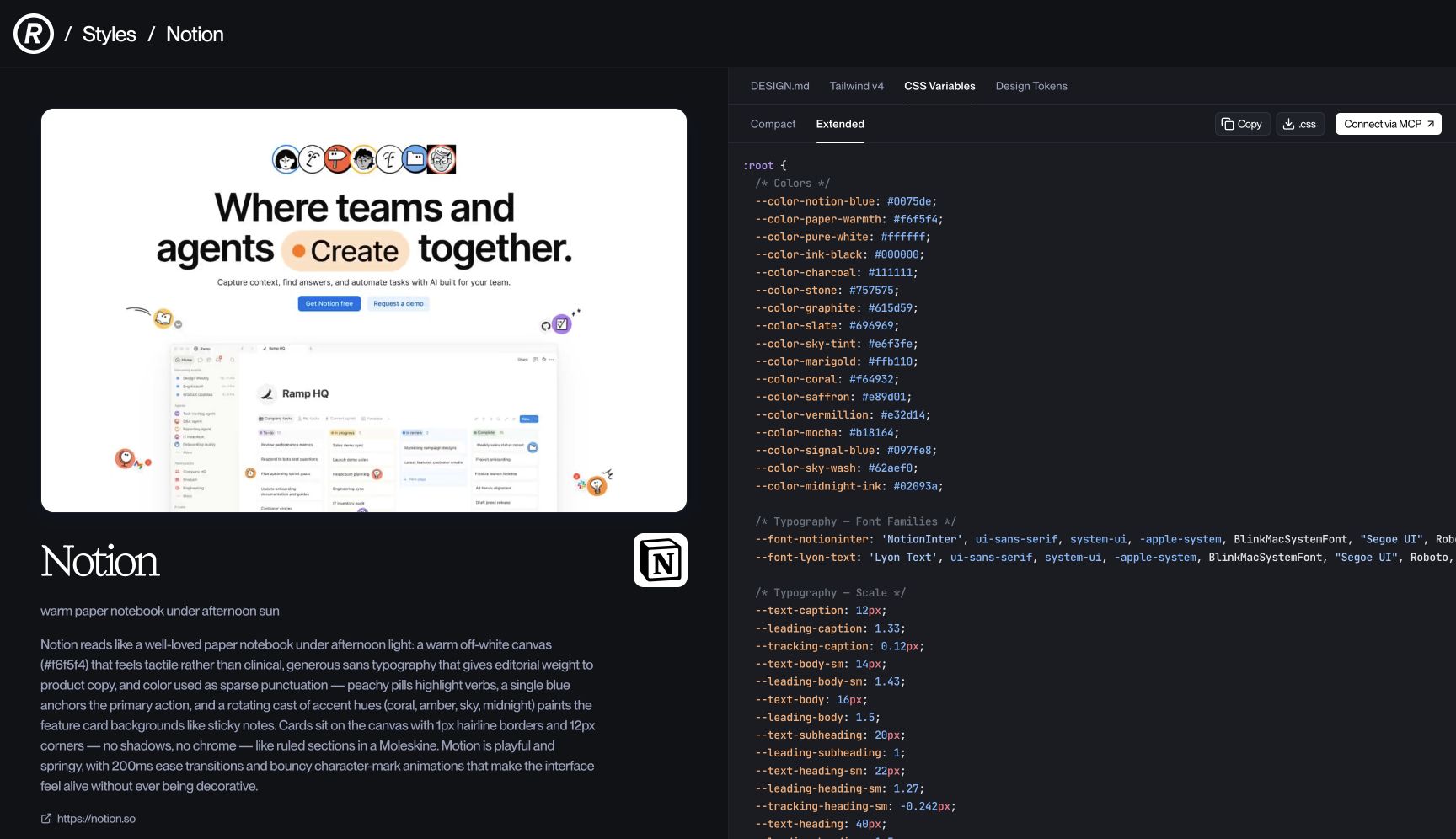 Định dạng CSS Variables của style Notion với màu, font, type scale, spacing và radius