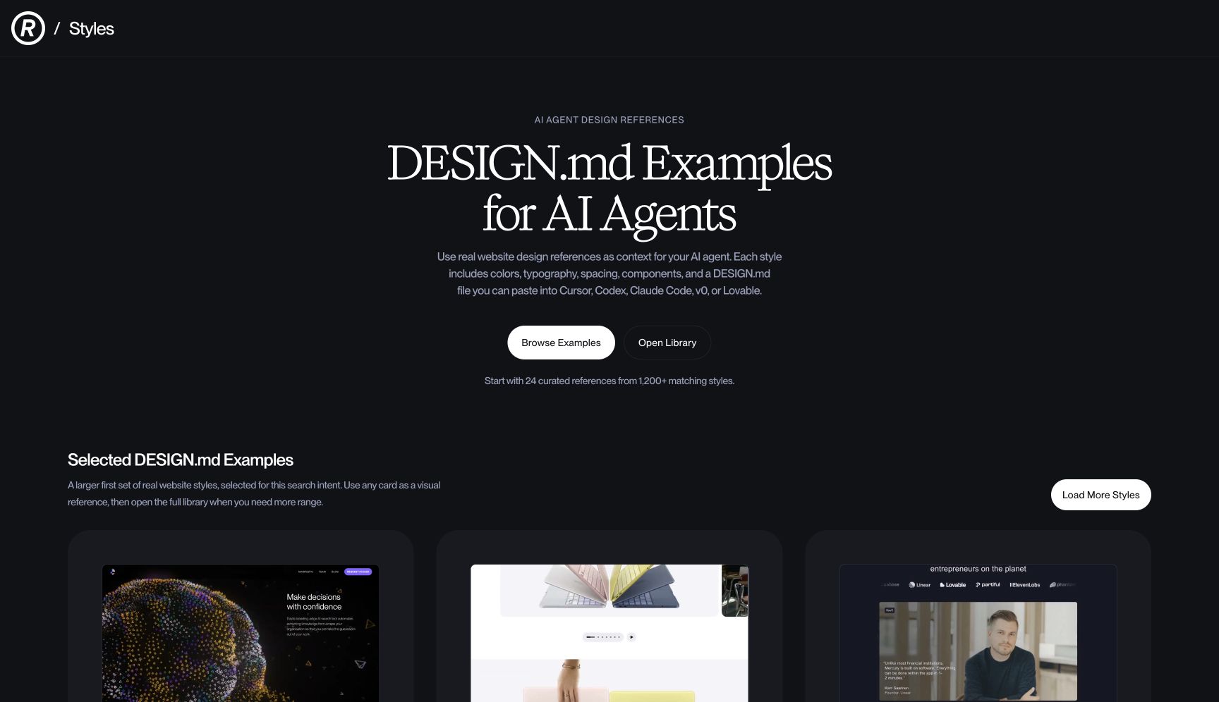 Trang hướng dẫn chính thức của Refero với phần giải thích vì sao AI agent cần design reference
