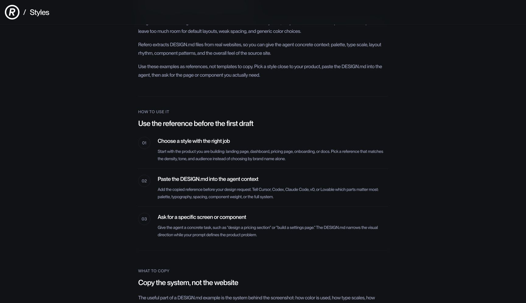Ba bước chính trong hướng dẫn Refero: chọn style, dán DESIGN.md vào agent context và yêu cầu một screen hoặc component cụ thể