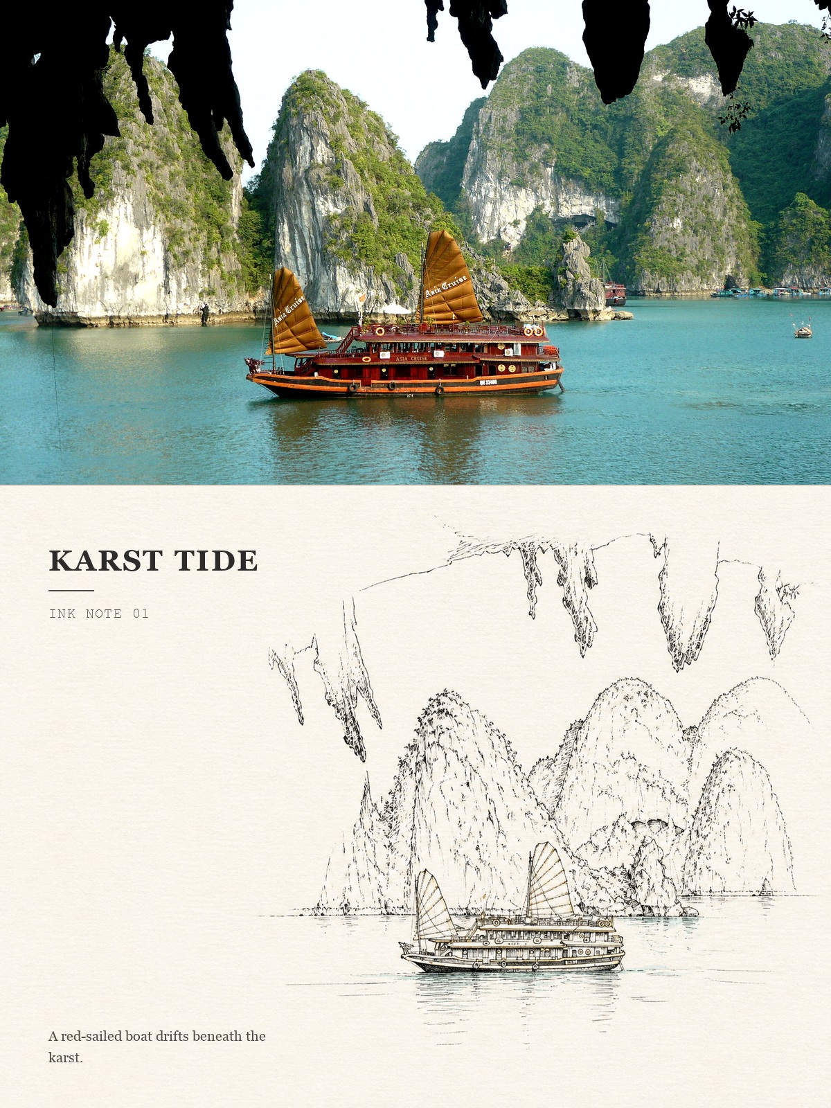 Poster Ink Note về Vịnh Hạ Long với ảnh thật ở phía trên và bản phác thảo mực của núi đá, hang và du thuyền ở phía dưới